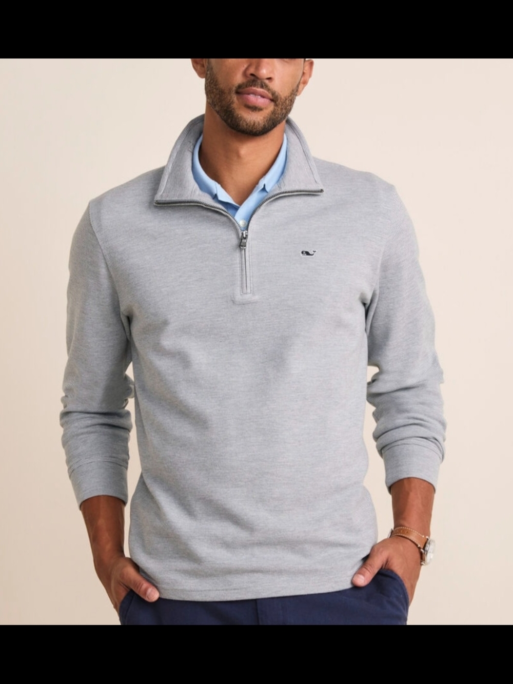 Vineyard Vines Whale Logo Gray Saltwater Quarter-Zip Sweater Men's Sz Large